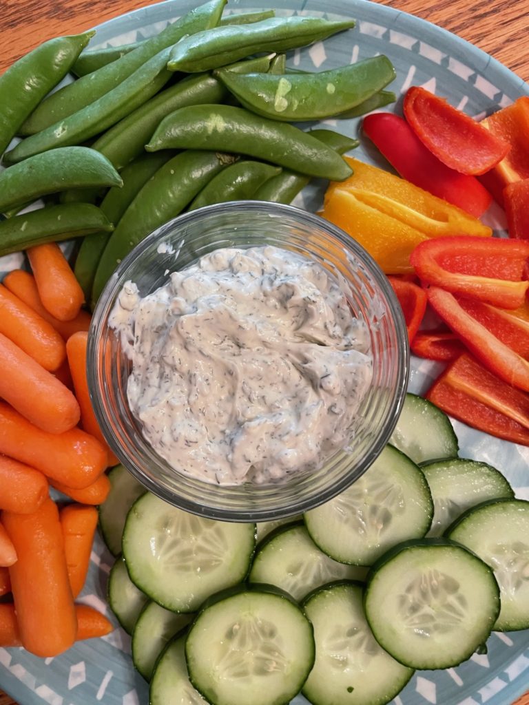 Close up of Veggie plate with dip