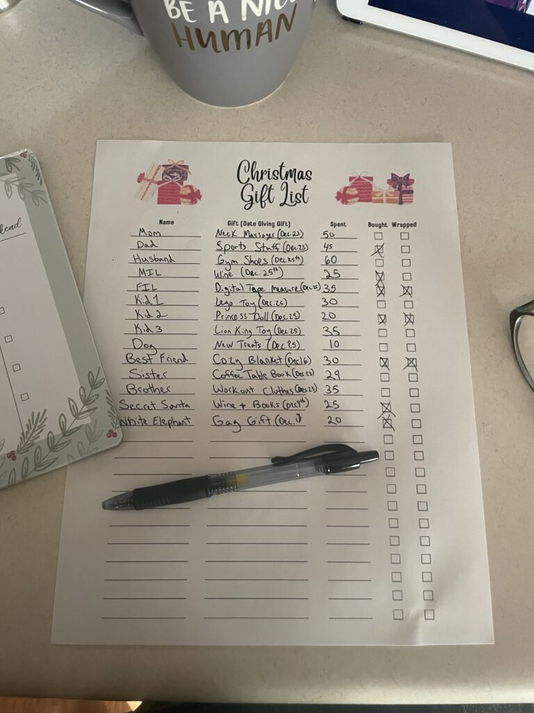 Example of Gift Tracker and Planner